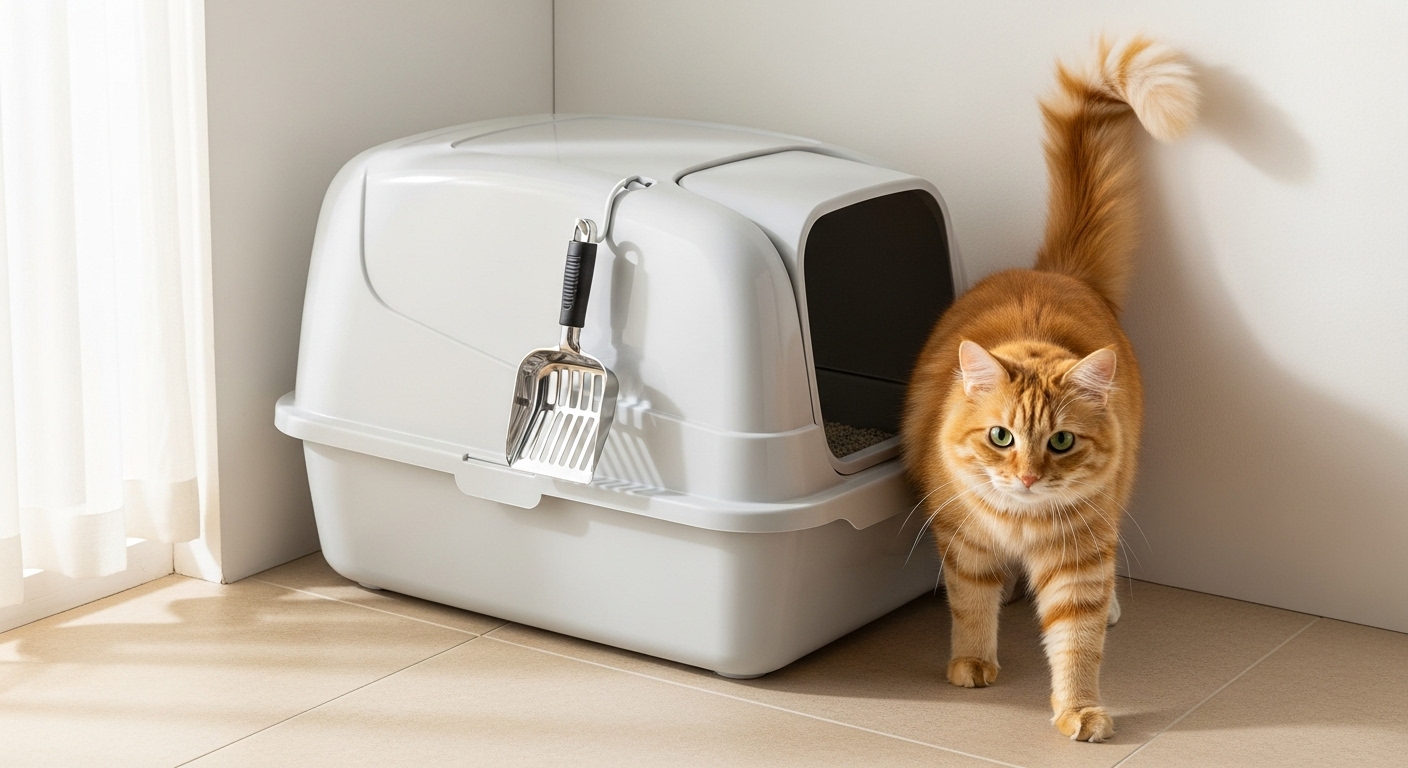 Cat litter box with orange cat